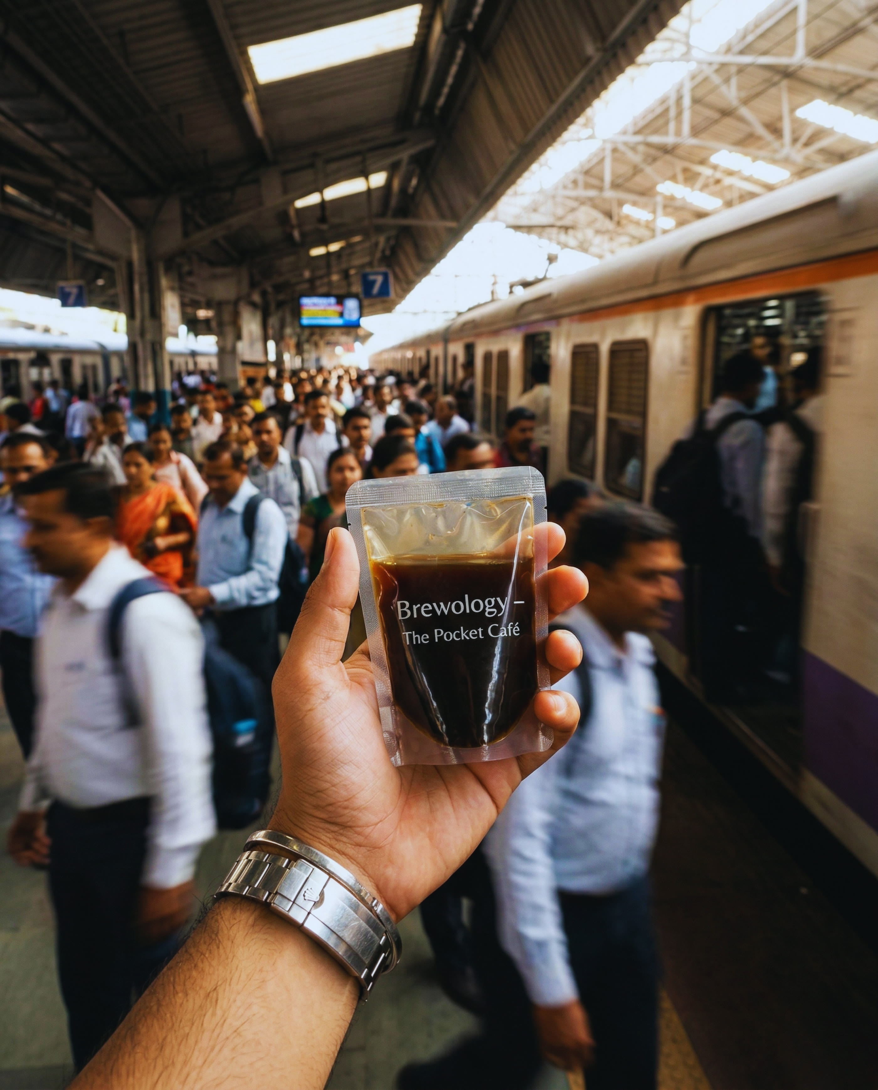 A Brewology espresso pouch held up on a busy Mumbai local train platform